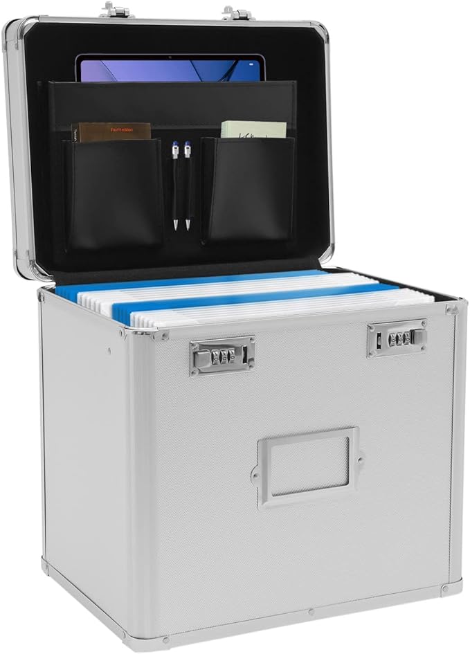 Metal Locking File Organizer Box, 13.8*10*13.4 inch Portable Locking Storage Box w/Lock for Filing Letters & Documents, File Storage Box for Offices, Hotels, Schools, Shopping Malls (Silver) by WUSILILU