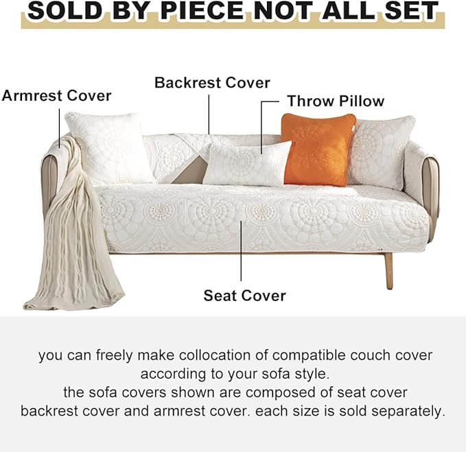 vctops Boho Circle Embroidery Couch Sofa Cover Solid Color Cotton Quilted Non-Slip Sectional Couch Covers Sofa Slipcover for Dogs, Children, Pets Furniture Protector (White,28"x28") - Image 6