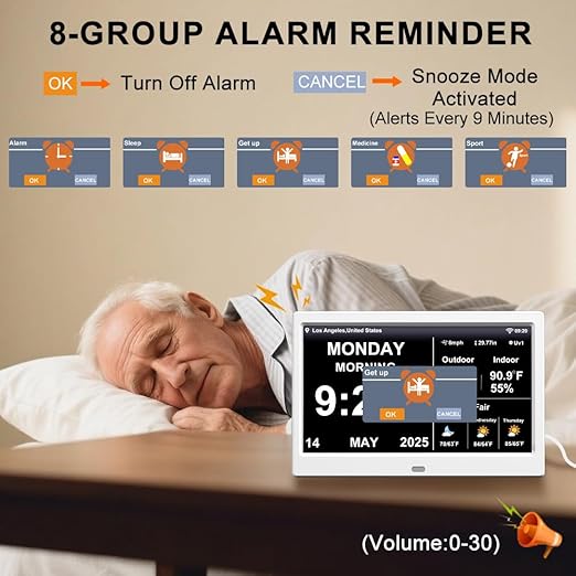 2025 New Digital Clock with Temperature/Humidity & Weather Forecast, Auto Time Sync Large Display, Custom Alarms & Medication Reminders, Ideal for Elderly (White, 10.1inch) - Image 5
