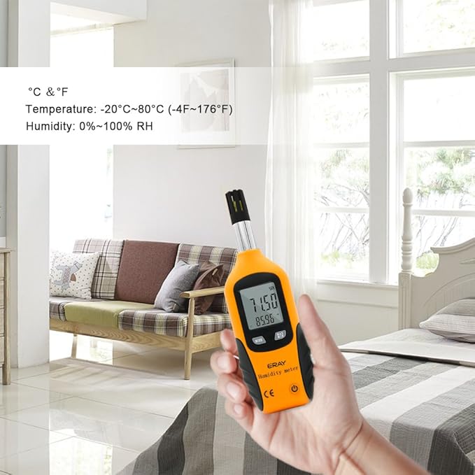 Digital Psychrometer Thermometer Hygrometer with Backlight, ERAY Temperature and Humidity Reader Meter Thermo-Hygrometer with Dew Point and Wet Bulb Temperature, 9V Battery Included(Yellow) - Image 4