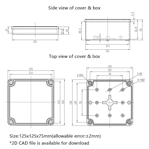 Junction Box, 4.9"x 4.9"x 3"(2 Pack) Outdoor Electrical Box with Mounting Plate, IP67 Dustproof Waterproof ABS Plastic Project Box, DIY Electrical Enclosure Gray (125x 125x 75 mm) - Image 7