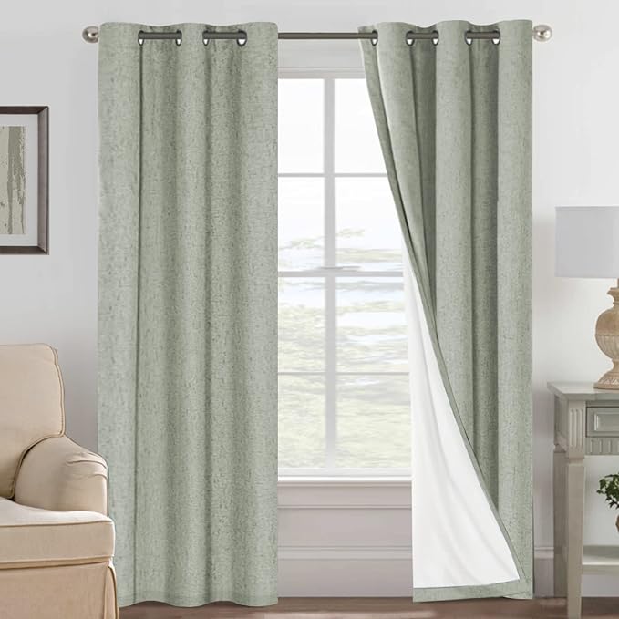 H.VERSAILTEX Primitive Linen Curtains 100% Blackout Curtain Drapes Burlap Fabric Curtains with White Thermal Insulated Liner, Grommet Top Drapes Living Room/Bedroom (2 Panels, 42 x 84 Inch, Sage) by HVERSAILTEX