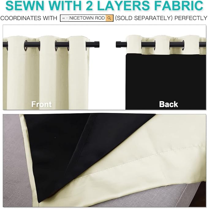 NICETOWN Cold Blocking Curtains, Bedroom Full Blackout Panels, Super Thick Insulated Window Covers, Complete Blackout Draperies with Black Liner for Short Window (Beige, Set of 2, 52 by 63-inch) - Image 4