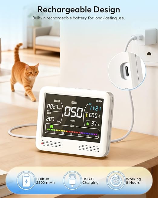 Air Quality Monitor Indoor, 16 in 1 Air Quality Tester for CO2 Monitor, TVOC, PM1.0 PM2.5 PM10, HCHO Temperature Humidity & Time, AQI Monitor with Alerts for Home (PureWhite) - Image 8