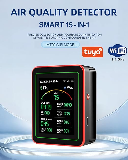 WiFi Air Quality Monitor,15-in-1 Smart Air Quality Tester with PM, CO2, CO, TVOC, HCHO, PM, AQI, Temperature & Humidity, Timer, Battery Powered, for Home & Office，Compatible Tuya/Smart Life App - Image 2