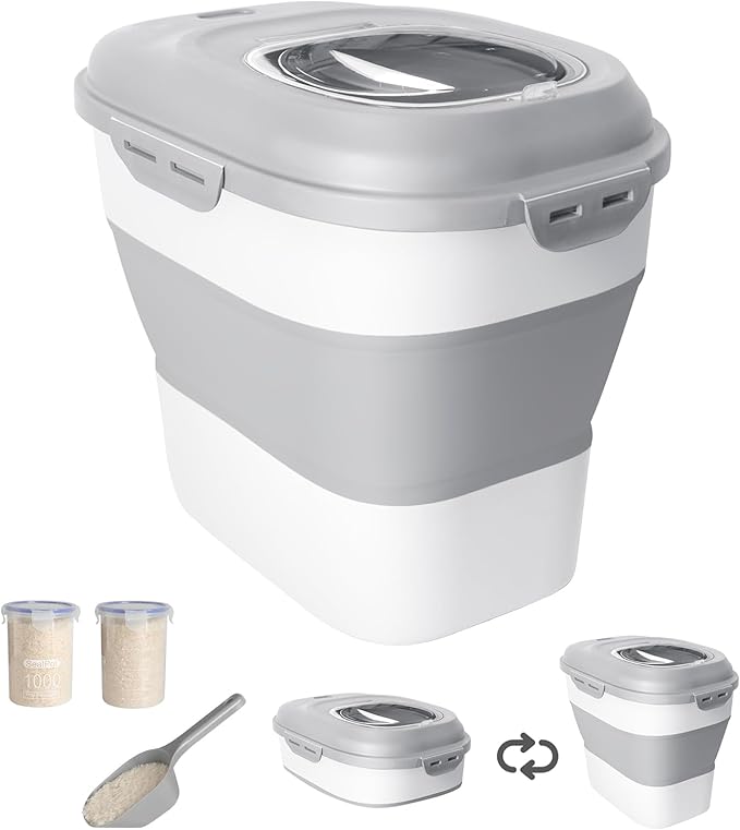 20-50 Lbs Food Storage Container With Wheel, Airtight Locking Lid, Collapsible Rice Container, Flour Storage With Small Container and Scoop, Suitable for Pet Food by DDMOMMYCOLLAPSIBLEFOODSTORAGECONTAINERFAMILY