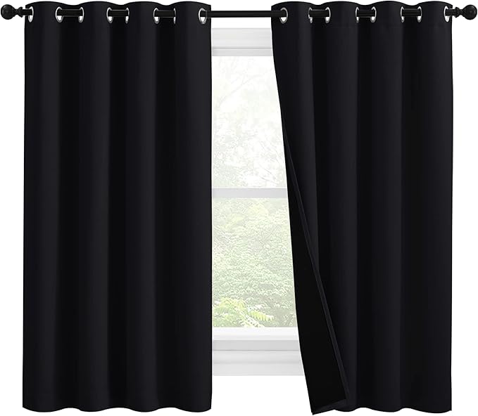 NICETOWN Truly Blackout Curtains 57 inches Length, 2 Thick Layers Completely Blackout Window Treatment Thermal Insulated Lined Drapes for Basement Window (Black, 1 Pair, 55 inches Width Each Panel) by NICETOWN