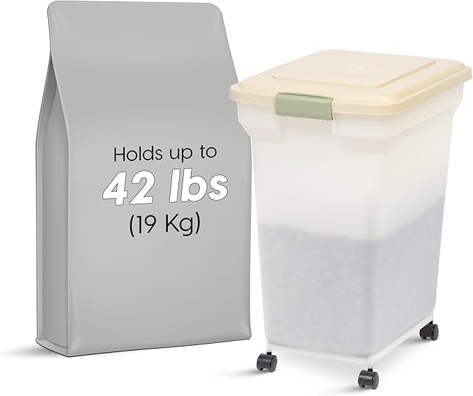 IRIS USA Airtight Dog Food Storage Container, WeatherPro, Up to 40 lbs, Removable Wheels, for Dog Cat Bird and Other Pet Food Storage Bin, Keep Fresh, Translucent Body, Made in USA, Clear/Almond - Image 2