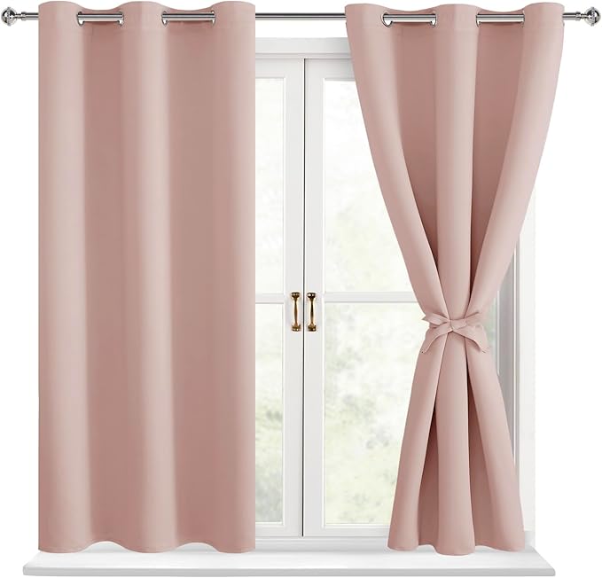 Hiasan Short Blackout Curtains for Bedroom - Thermal Insulated Light Blocking Window Curtains for Living Room, 2 Drape Panels Sewn with Tiebacks, Blush, 42 x 45 Inch by Hiasan
