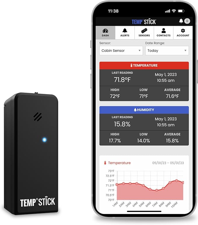Temp Stick Remote WiFi Temperature & Humidity Sensor, Data Logger. No Subscription. 24/7 Monitor, Unlimited Text, App & Email Alerts. Made in America. Use with Alexa, IFTTT. Monitor Anywhere, Anytime by Ideal+Sciences