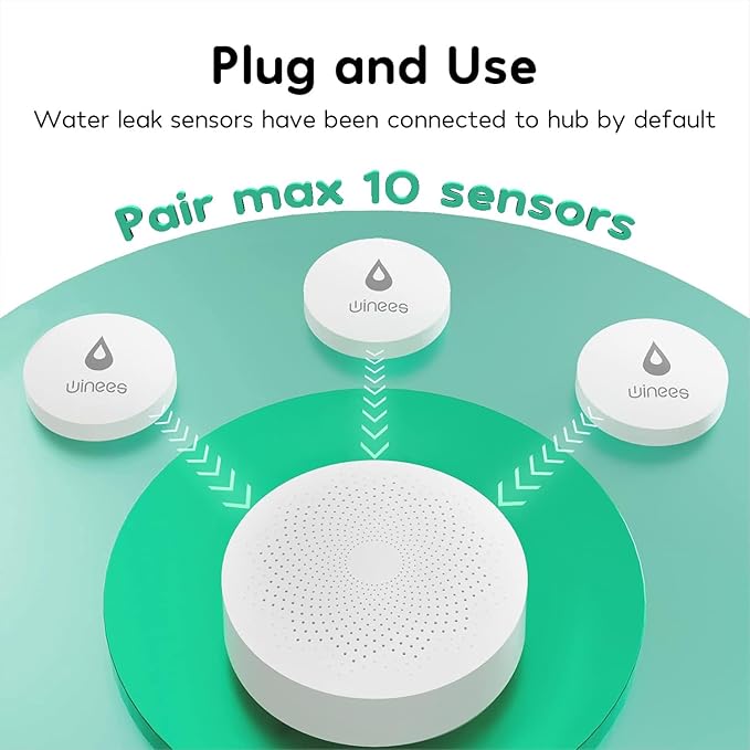 Winees WiFi Water Leak Detector, 3 Pack Water Sensors with 100dB Adjustable Alarm, Leak Alert Email&SMS Notification, 200M Transmission for Basement, Bathroom, Laundry, IFTTT, S1 Plus, 2.4G WiFi Only - Image 3