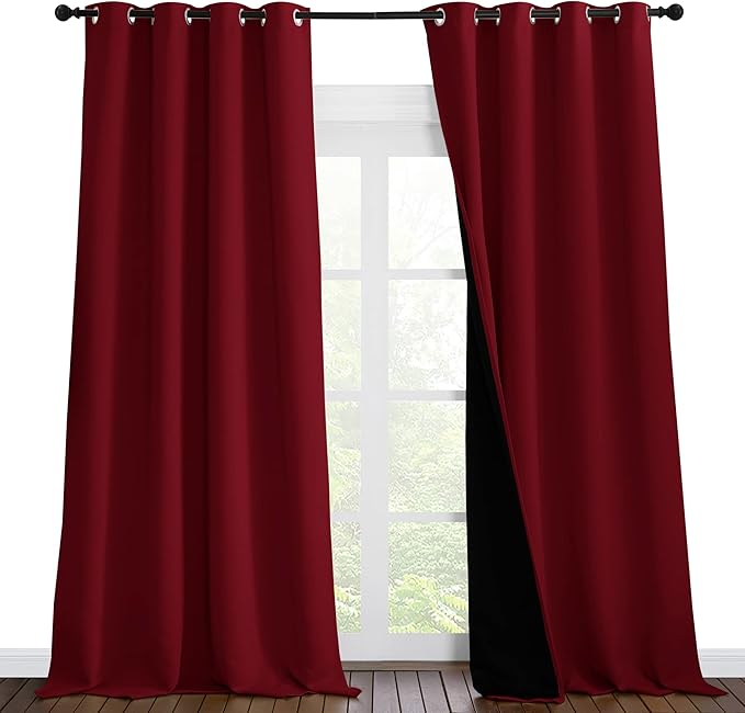 NICETOWN Truly Blackout Drapes for Living Room, Heavy-Duty Full Light Shading Curtain Set with Black Liner Backing for Villa/Hall/Dorm Window（Burgundy Red, Set of 2, 55 inches Wide x 96 inches Long by NICETOWN
