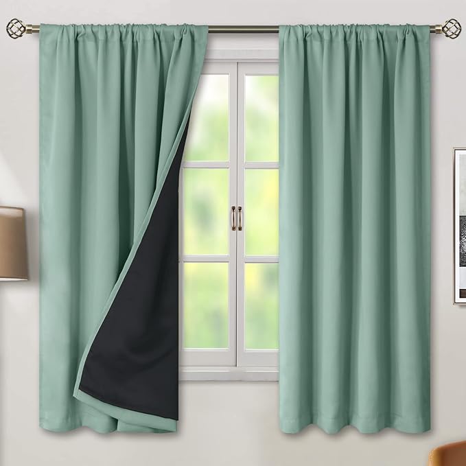 BGment 100% Blackout Curtains for Bedroom with Black Liner, Double Layer Full Room Darkening Noise Reducing and Thermal Insulated Rod Pocket Curtain (52 x 63 Inch, Frosty Green, 2 Panels) by BGment