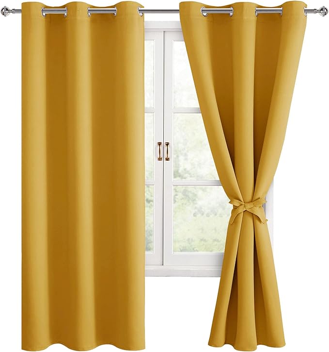 Hiasan Blackout Curtains for Bedroom and Living Room, Light Blocking, Noise Reducing Window Curtain Panels, Tiebacks Included, Set of 2, Grommet Top (Mustard Yellow, Width 42 Inch x Length 72 Inch) by Hiasan