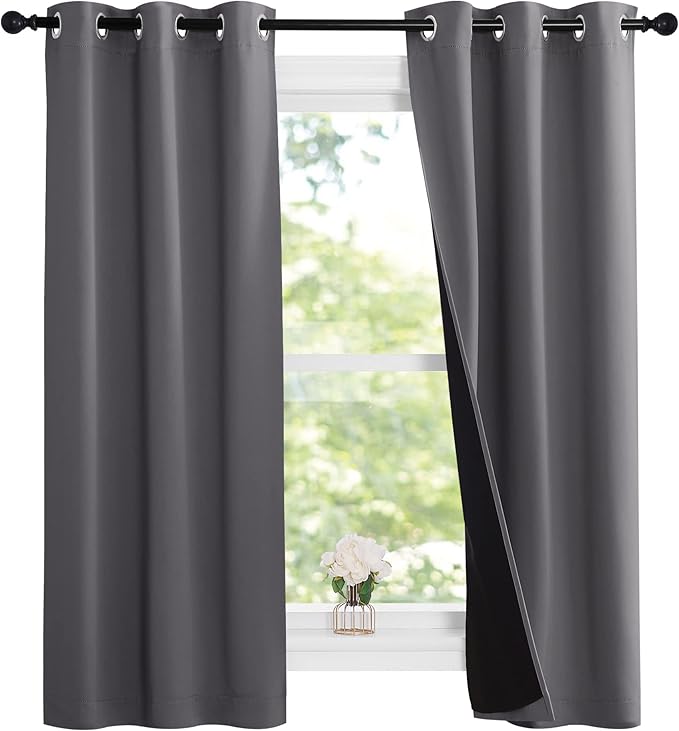 NICETOWN 100% Blackout Short Curtains with Black Liners, Solid Thermal Insulated Full Blackout 2-Layer Lined Drapes, Energy Efficiency Window Draperies for Bedroom (2 Panels, 37" W by 63" L, Grey) - Image 2