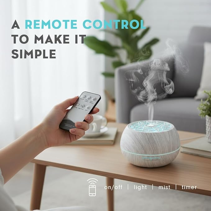 550ml Large Capacity Essential Oil Diffuser 6 Essentil Oil Set Aromatherapy Ultrasonic Air Humidifier with Timer and 7 Color LED Night Light Remote Control Waterless Auto-Off White Wood Grain - Image 4