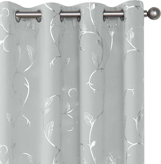 BUHUA Blackout Curtains Silver Foil Print Flower Vine Grommet Drapes, Room Darkening Thermal Insulated Curtains, Noise Reducing Curtain for Bedroom, Silver Grey, 66Wx72L, 2 Panels by BUHUA