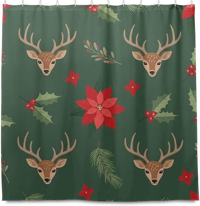 Christmas Deer Green Shower Curtain Liner 72×72 inch for Bathroom Curtain Anti Mold Shower Curtain with Hooks Bathroom Accessories - Image 2