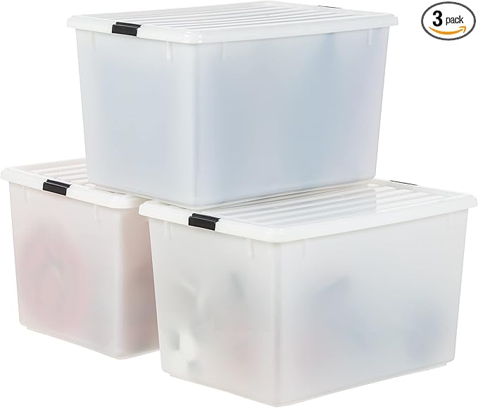 IRIS USA 144 Qt Stackable Plastic Storage Bins with Lids, 3 Pack - BPA-Free, Discreet Organizing Solution, Latches, Durable Nestable Containers, Secure Pull Handle, Made in USA - Pearl by IRISUSA