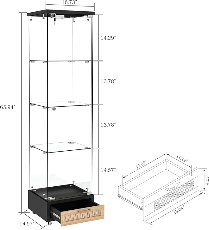 Yoluckea 4 Tiers Glass Display Cabinet with LED Lighting and Drawer, 1 Door Floor Standing Curio Cabinet with Wheel for Home, Office, Corner Display, Black Glass Bookshelf for Collections and Decor - Image 2