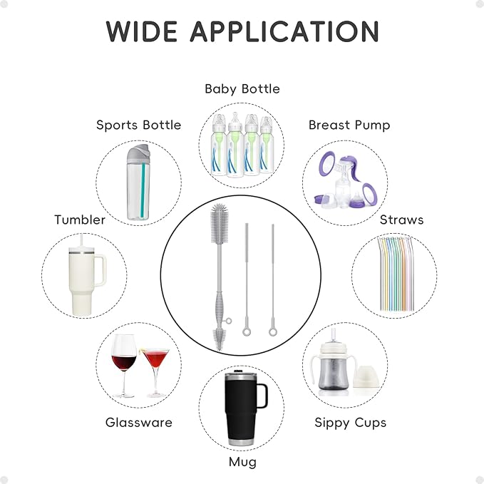 Silicone Cleaning Brush Kit,Water Bottle and Straw Cleaner Brush Set for Tumbler,Baby Bottle,Breast Pump Part,Nipple,Sippy Cup,Glass,Dishwasher Safe,BPA Free,3 Pcs - Image 6