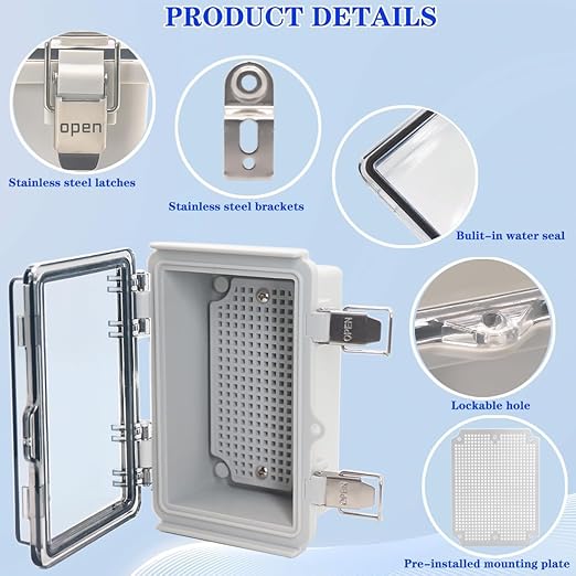 Waterproof Electrical Box, IP67 Junction Box Stainless Steel Latch Hinged Clear Cover Project Enclosure with Wall Bracket 5.9"x3.9"x2.8" - Image 3