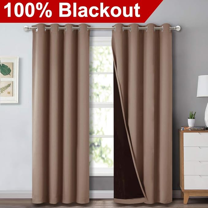 NICETOWN Cold Blocking Curtains, 100% Blackout Curtains Thermal, Noise Reduction and Privacy Curtains for Patio Door, Black Lined Blackout Drapes with Grommet Top, Cappuccino, 1 Pair, W52 x L84 - Image 2