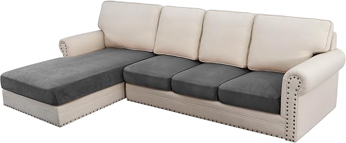 H.VERSAILTEX Velvet Stretch Sectional Couch Covers 4 Pieces Sofa Seat Cushion Covers L Shape Separate Cushion for Both Left/Right Couch (Large Sofa 3 Seater + 1 Chaise, Grey Striped) by HVERSAILTEX