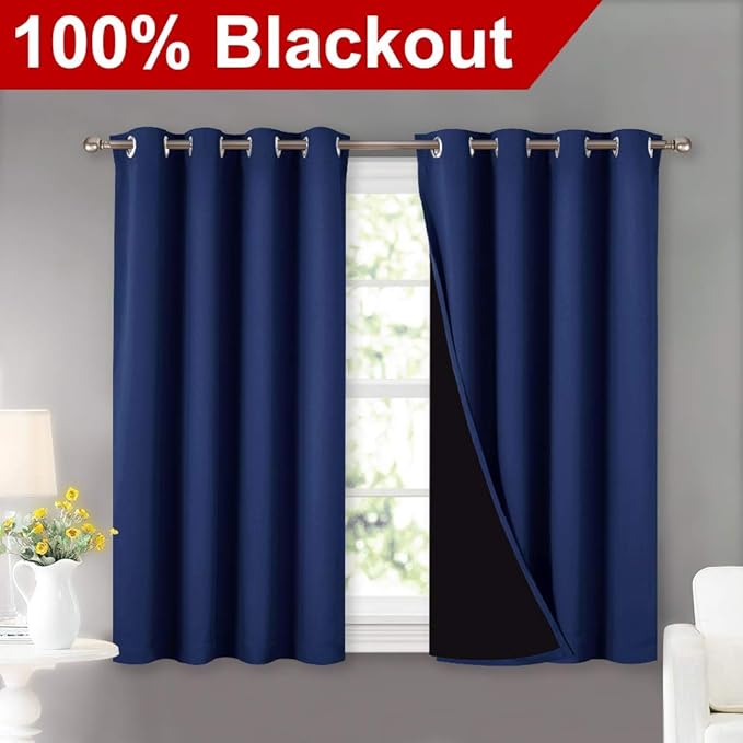 NICETOWN 100% Blackout Curtains with Black Liners, Thermal Insulated 2-Layer Lined Drapes, Energy Efficiency Small Window Draperies for Dining Room (Royal Blue, 2 Panels, 52 inches W by 45 inches L) - Image 2