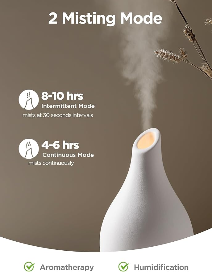 InnoGear Essential Oil Diffuser, 150ml Ceramic Diffuser Handcrafted Stone Aromatherapy Diffusers Ultrasonic Cool Mist Humidifier Vaporizer 2 Mist Modes Waterless for Home, White Vase-Shaped Ceramic - Image 3