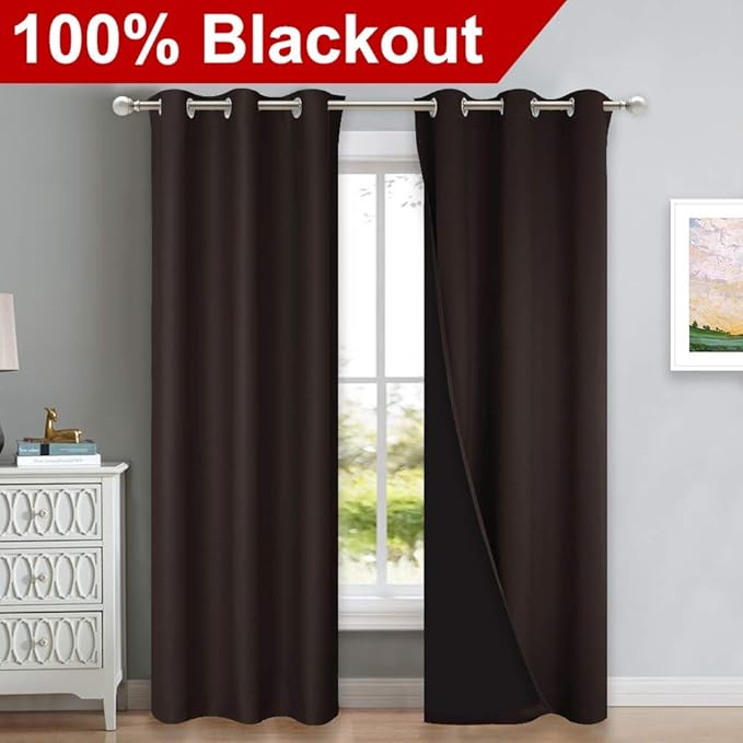 NICETOWN Toffee Brown Full Shade Curtain Panels, Pair of Thermal Insulated & Energy Efficiency Blackout Drapes for Living Room, Lined Silky Performance Window Dressing (37" Wide x 84" Long, Gray) - Image 2