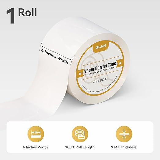 Vapor Barrier Tape, 4" Wide x 180' Long Moisture Barrier Tape, 9 mil White polyethylene Tape, Moisture Sealing and Seams for Crawl Spaces, Vapor barriers, Marine, Insulation - Image 2