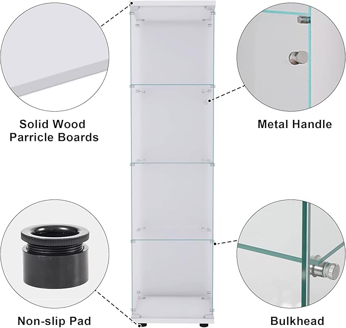 Yoluckea 4 Shelves Glass Display Cabinet with Door, Curio Collection Display Case for Home Office, Floor Standing Bookshelf Corner Cabinet Upgrade Assembly (White) - Image 3