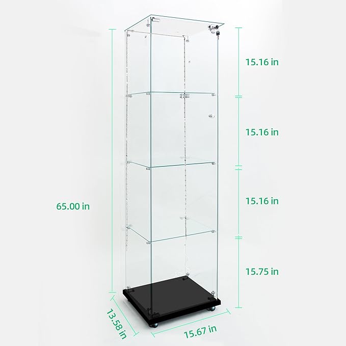 Yoluckea 4 Tiers Glass Display Cabinet with Bluetooth LED Light Strip, 1 Door Floor Standing Curio Cabinet with Universal Wheel for Home Office Display, Black Glass Bookshelf for Collections,Clear Top - Image 2