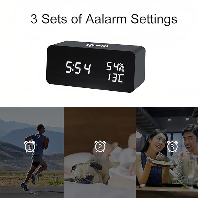 Lancoon Wooden Digital Alarm Clock with LED Wireless Charging Temperature and Humidity Display Adjustable Brightness Sound Control for Bedroom Home Office (Black) - Image 4