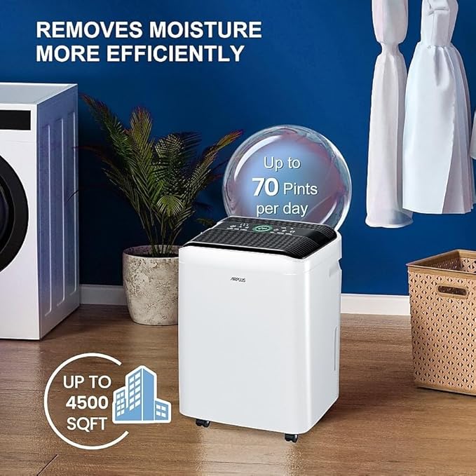 AIRPLUS 70 Pints Dehumidifiers for Home, 5500 Sq. Ft Dehumidifier for Basement with Drain Hose, Continuous Drainage, Intelligent Humidistat, Dehumidifier for bathroom, bedroom, Large Room - Image 2