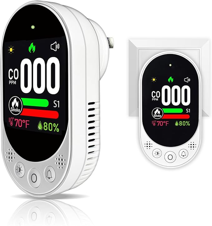 4-in-1 Plug-in Smoke & Carbon Monoxide Alarms with Digital Display Monitors CO, Smoke, Temperature, Humidity, 85dB Loud Alarm, Self-Test, Adjustable Sensitivity, for Home, Kitchen, RV by VETOUCH