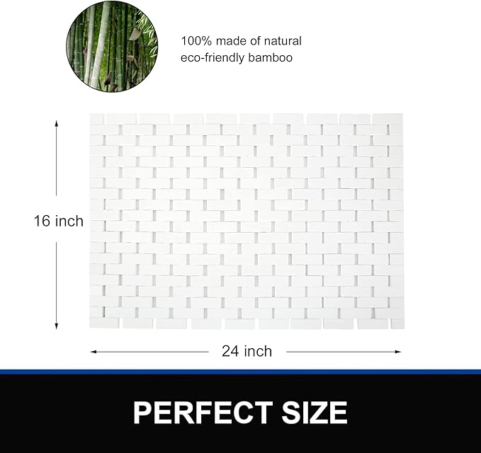 Bamboo Bath Mat Bathroom Rugs Floor Wood Shower Bathtub Waterproof Non Slip Accessories 16x24 Inch Easy to Clean, White, 1 pc - Image 5