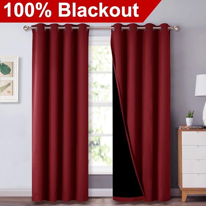 NICETOWN 100% Blackout Cold Blocking Curtains with Black Liner Backing, Thermal Insulated Curtains for Living Room, Noise Reducing Drapes, Burgundy Red, 52 inches x 84 inches Per Panel, Set of 2 - Image 2