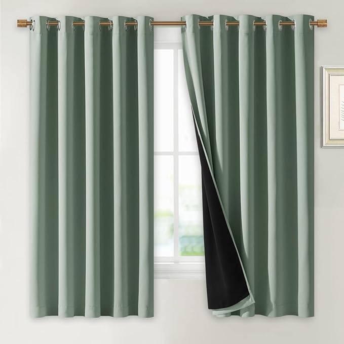 NICETOWN Greyish Green 100% Blackout Lined Curtains, 2 Thick Layers Completely Blackout Window Treatment Thermal Insulated Drapes for Kitchen/Bedroom (1 Pair, 70" Width x 63" Length Each Panel) by NICETOWN