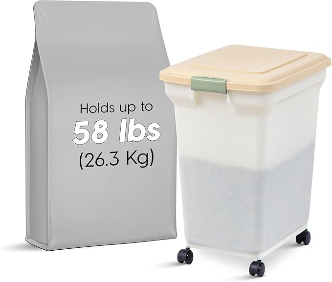IRIS USA 58 Lbs / 67 Qt WeatherPro Airtight Pet Food Storage Container with Attachable Casters, For Dog Cat Bird and Other Pet Food Storage Bin, Keep Fresh, Translucent Body, Pearl/Almond - Image 2