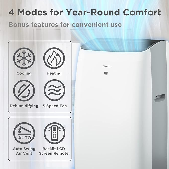 TURBRO Greenland 14,000 BTU Portable Air Conditioner and Heater, Dehumidifier and Fan, 4-in-1 Floor AC Unit for Rooms up to 600 Sq Ft, UV-C Light, Sleep Mode, Timer, Remote Included (10,000 BTU SACC) - Image 2