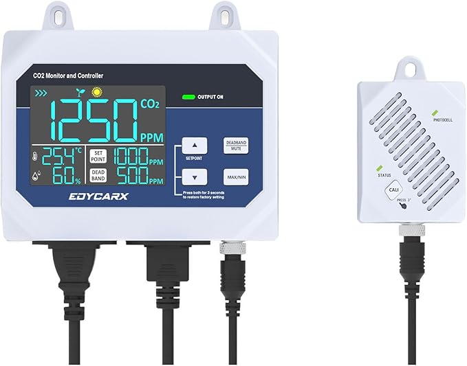 CO2 Controller with Temperature and Humidity Display Day and Night with Relay Function 15ft NDIR Sensor Cable, CO2 Controller for Grow Room, Greenhouse, Grow Tent, Home, Office, Factory by EDYCARX