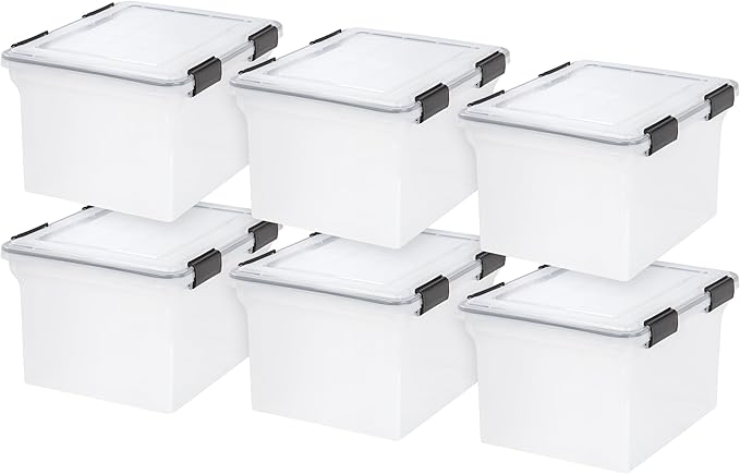 IRIS USA 32 Quart WEATHERPRO Plastic Storage Box with Durable Lid and Seal and Secure Latching Buckles, Clear with Black Buckles, 6 Pack by IRISUSA