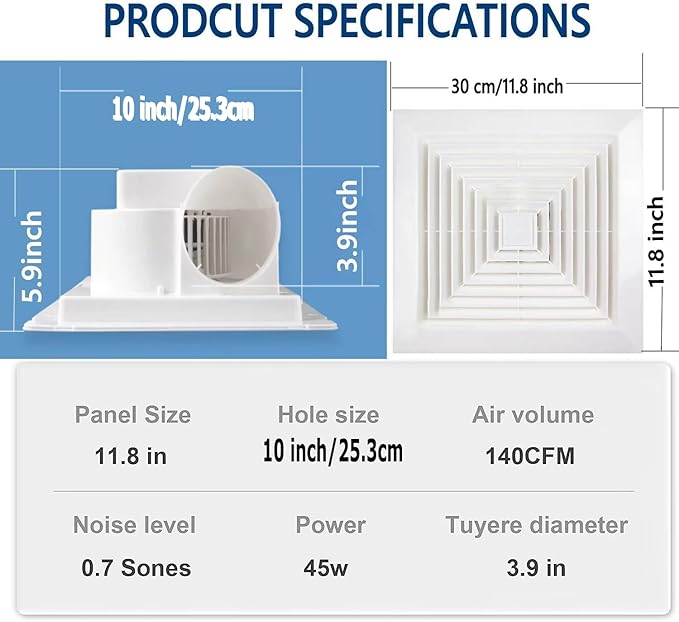 Bathroom Fan Ceiling Mount Exhaust Ventilation Fan Ceiling Exhaust Fan Extractor Fan 141 CFM 1.2 Sones,Quiet Bathroom Ventilation Exhaust Fan for Shower,Restroom,Office,Home (Grille) - Image 2