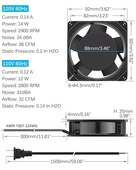 GDSTIME Axial Fan 90mm, 110V 120V AC 92mm x 92mm x 25mm Dual Ball Bearing w/Power Cord for DIY Cooling Ventilation Projects - Image 2