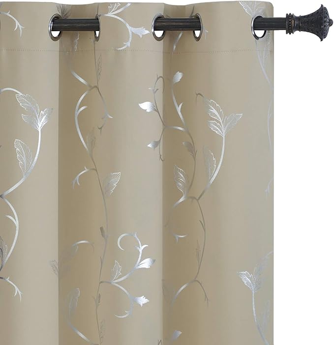 BUHUA Flower Print Blackout Curtains Thermal Insulated Window Curtains Silver Elegant Vine Pattern for Baby Room Beige 38W by 63L 2 Panels by BUHUA