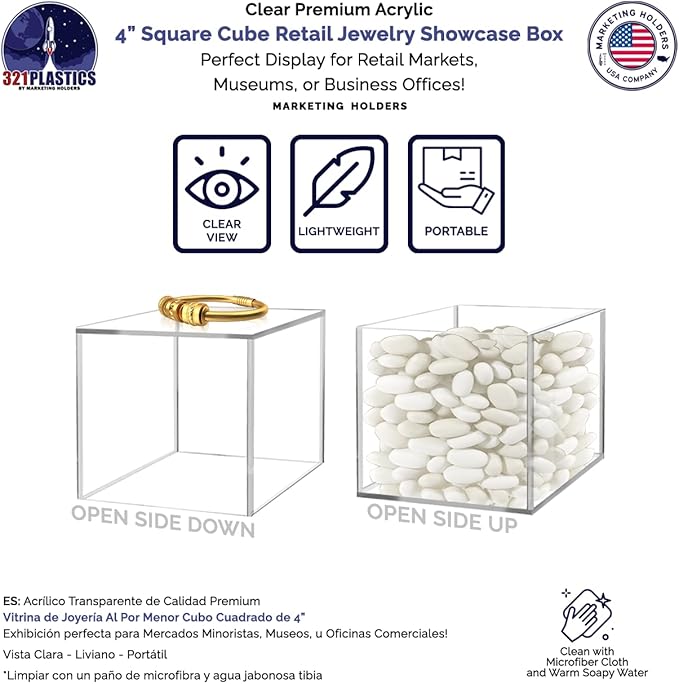 2 Pack Baseball Display Box Clear Acrylic Cube 4" Square Memorabilia Showcase Dust Cover Ball Protector No Base 1 Side Open No Assembly by Marketing Holders - Image 3