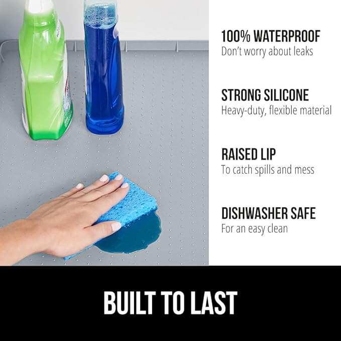 GORILLA GRIP Waterproof Silicone Under Sink Mat with Raised Lip for Kitchen and Bathroom, 46 x 22 in, Cabinet Shelf Liner Stay in Place Mats Dishwasher Safe Drawer Liner, Organizer Tray, Light Grey - Image 2
