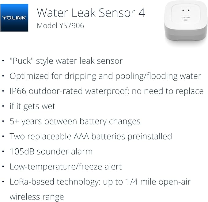 YoLink Water Leak Detector 4 with 105dB Audio Alarm, Freeze Warning, App Push, Email Alerts and Limited Text - Smart Water Sensor Alarm w/ Alexa, IFTTT - 1/4 Mile Long Range, Hub Required - Image 2